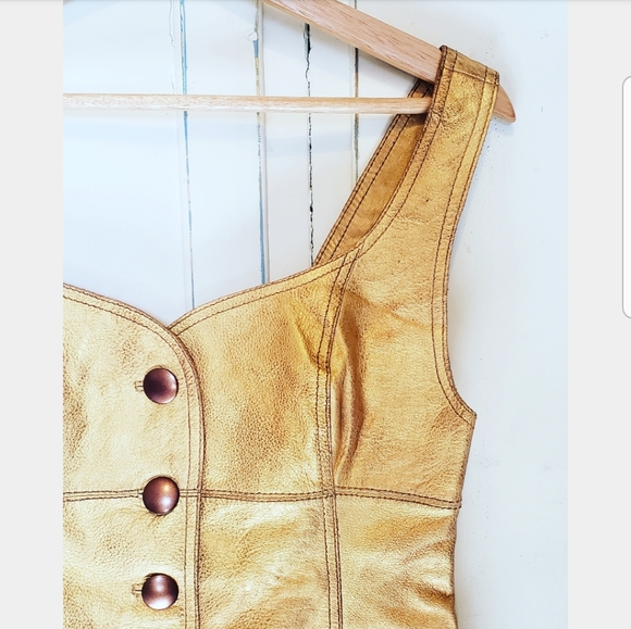 Free People yellow Gold cow Leather button Jumper Party sleeveless mini Dress - Picture 5 of 11